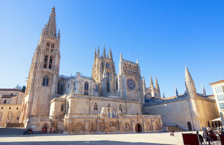 Gothic Cathedral of Saint Mary in Burgos, Spain. Its construction began in 1221 but work continued off and on until 1567. World Heritage Site by UNESCO since 1984