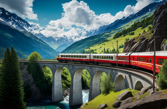 Bernina Express train on Landwasser Viaduct in summer, Bernina Express train crossing Landwasser Viaduct during summer in the Swiss Alps, Generative AI