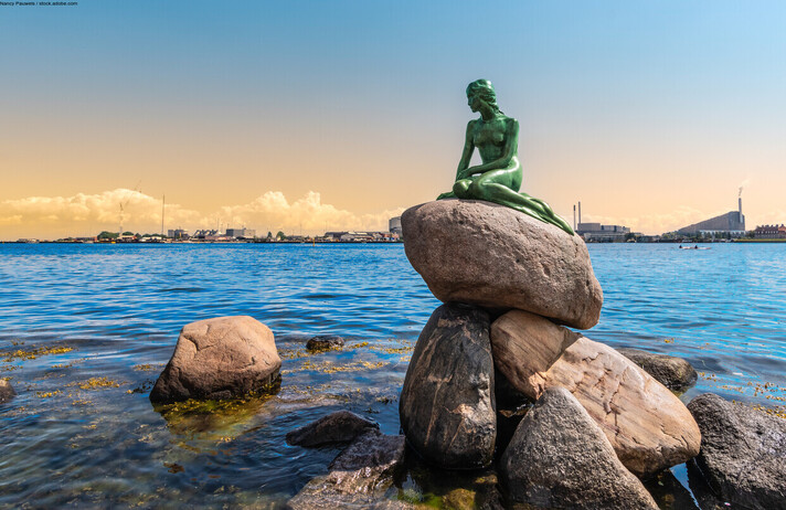 Copenhagen, Denmark - July 28, 2023: View of Little Mermaid sculpture in Copenhagen.