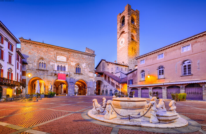 Bergamo, Italy - Piazza Vecchia in Citta Alta, morning twilight, beautiful historical town in Lombardy