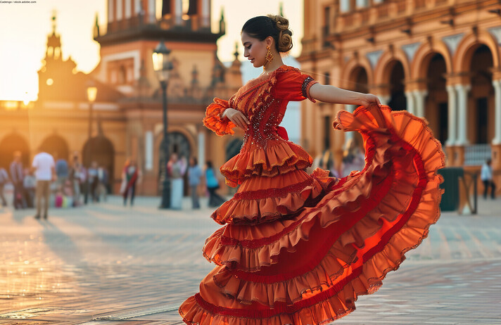 Beautiful female flamenco dancer in traditional dance dress. Young woman dancing flamenco on oldtown square