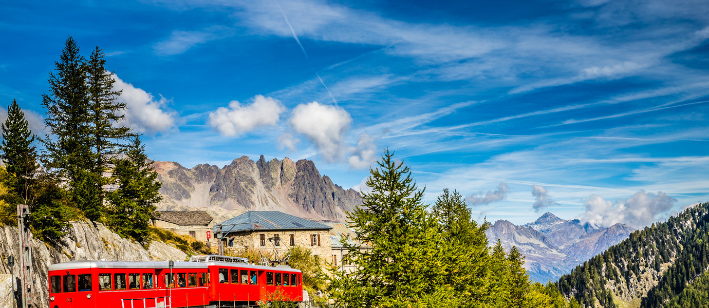 Beautiful View Of Red Train Going To Montenvers Mer de Glace Station During Summer Day-Mont Blanc Massif,Chamonix,France
