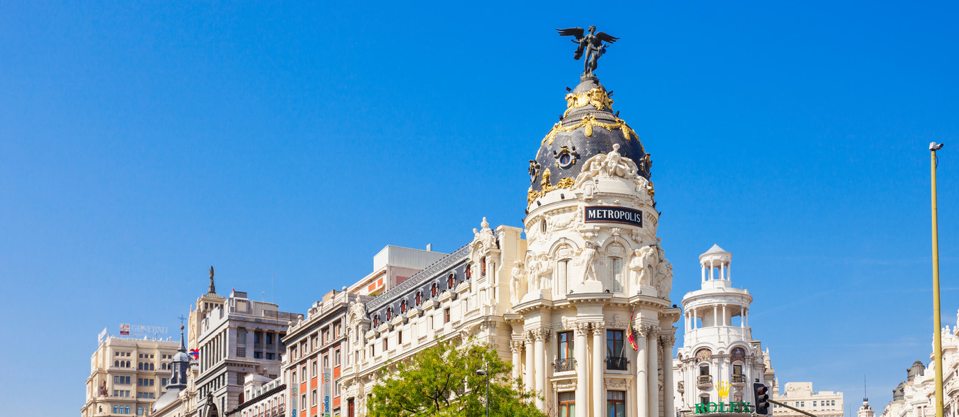 MADRID, SPAIN - SEPTEMBER 21, 2017: Metropolis Building or Edificio Metropolis is an office building at the corner of the Calle de Alcala and Gran Via in Madrid, Spain