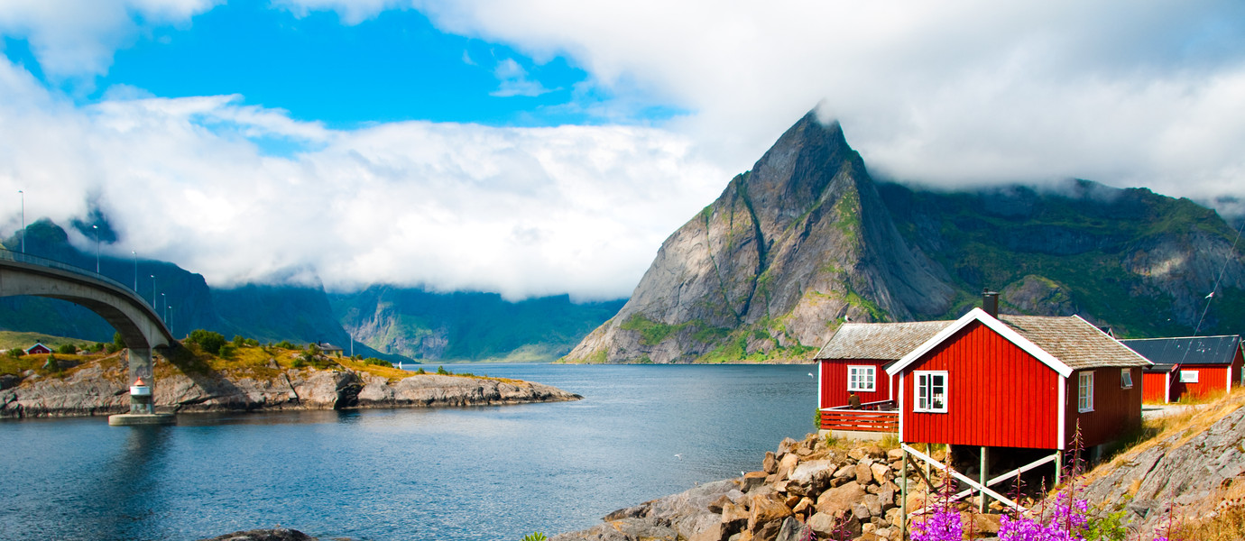 Lofoten islands landscape with tipical red houses, Norway